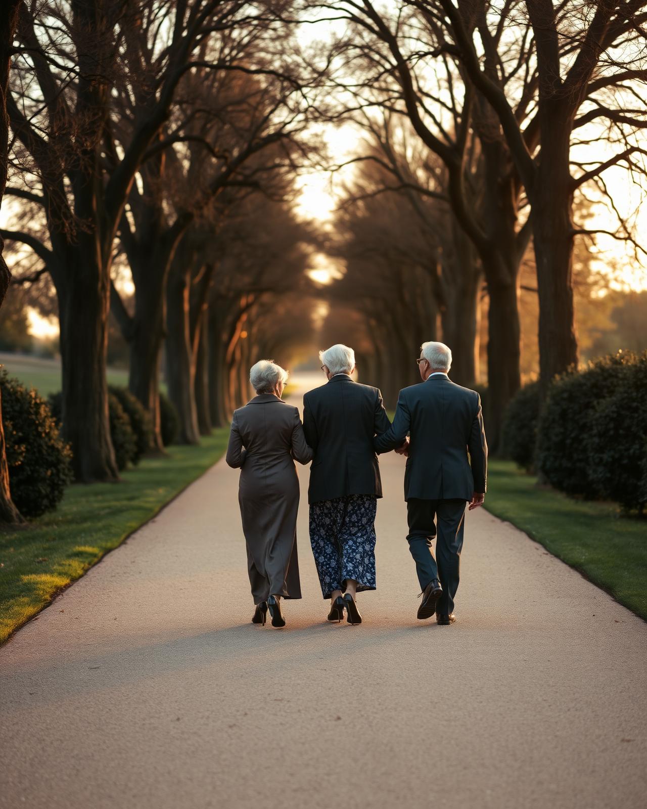 Three generations of a family walking together along a tree-lined path at golden hour