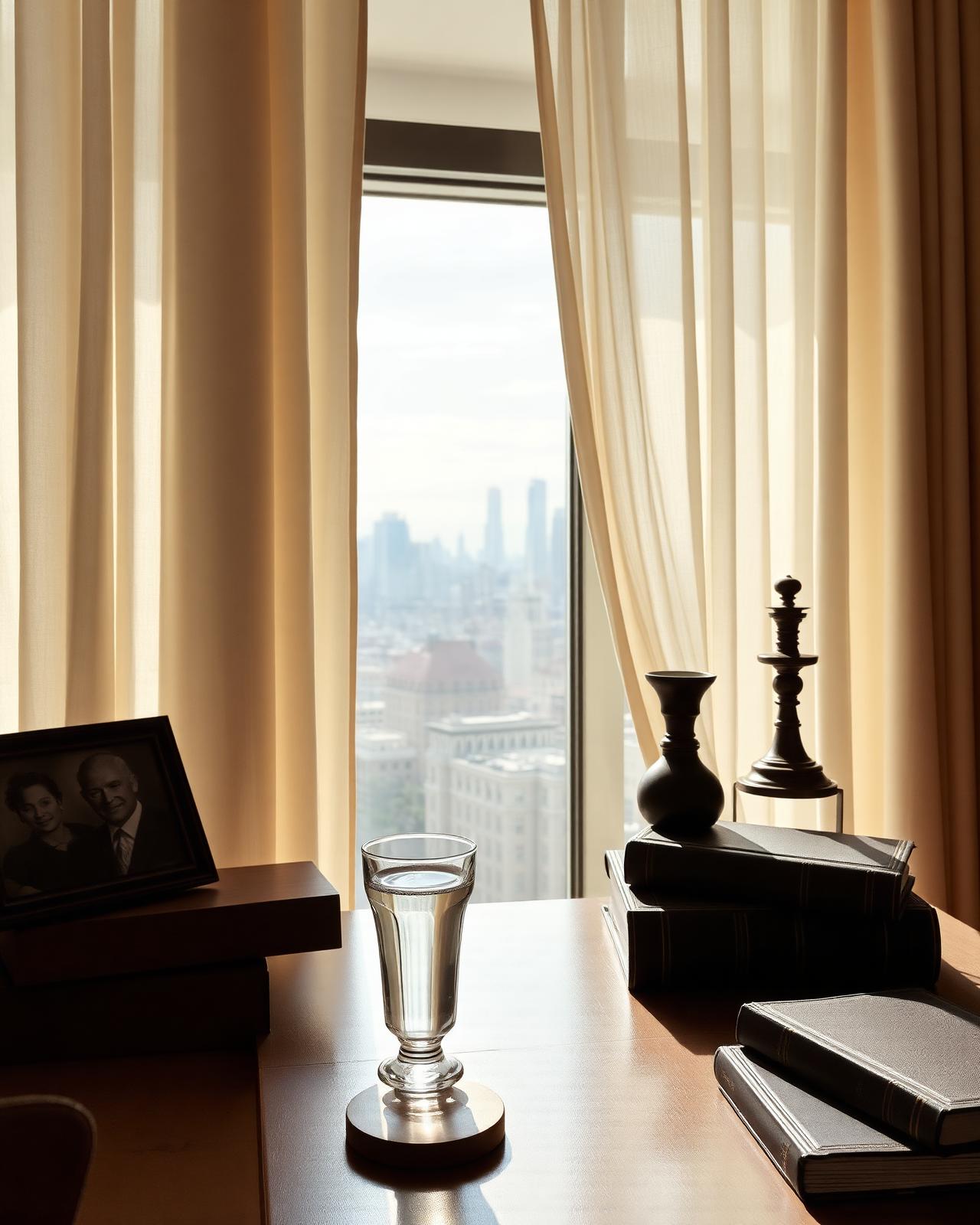 A refined study with leather-bound books and a city view through sheer curtains