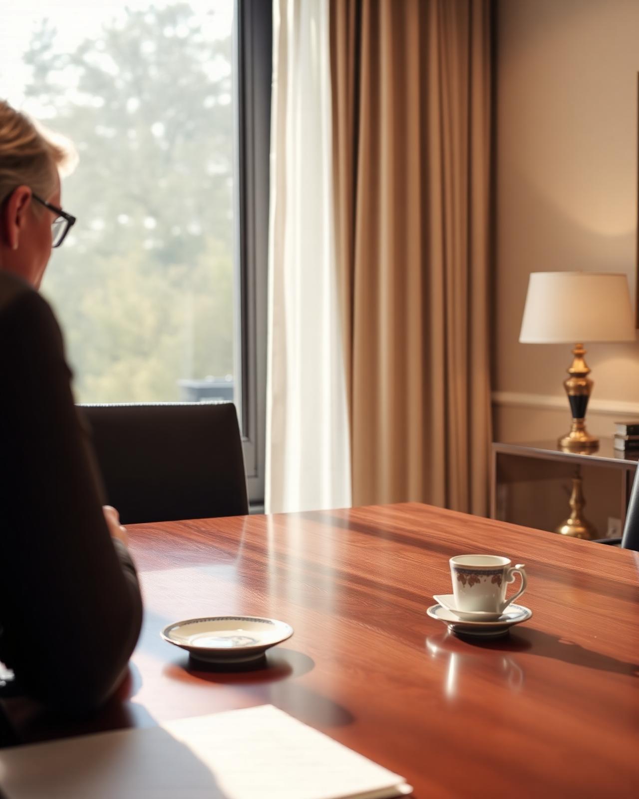 A refined client meeting in a softly lit office with a polished wood table