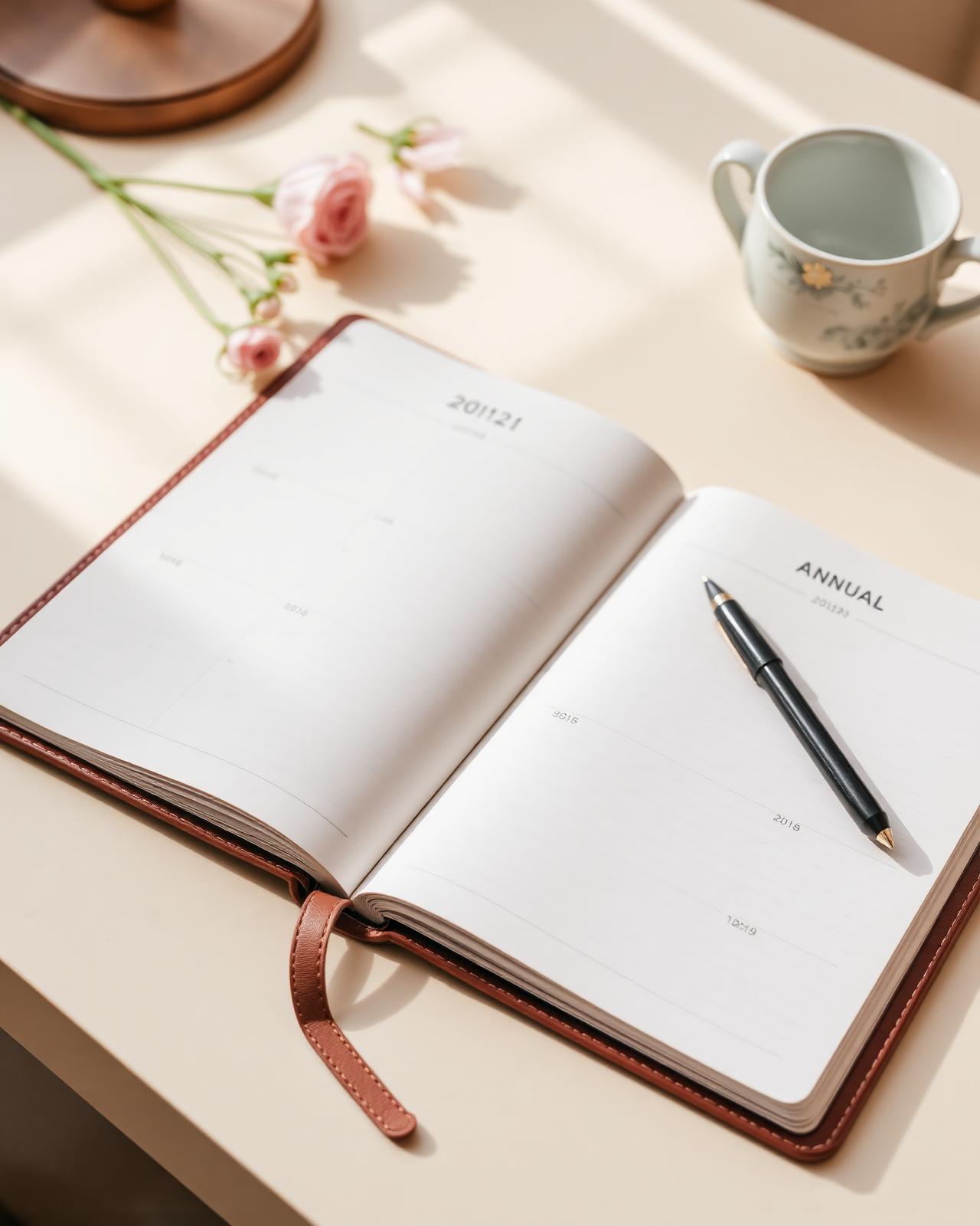 An open leather planner with a fountain pen and small flowers in soft window light