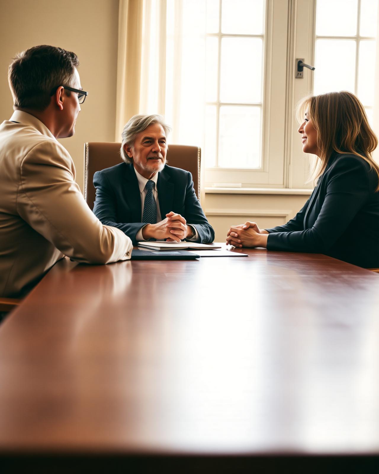 An attorney in conversation with clients across a polished wooden table