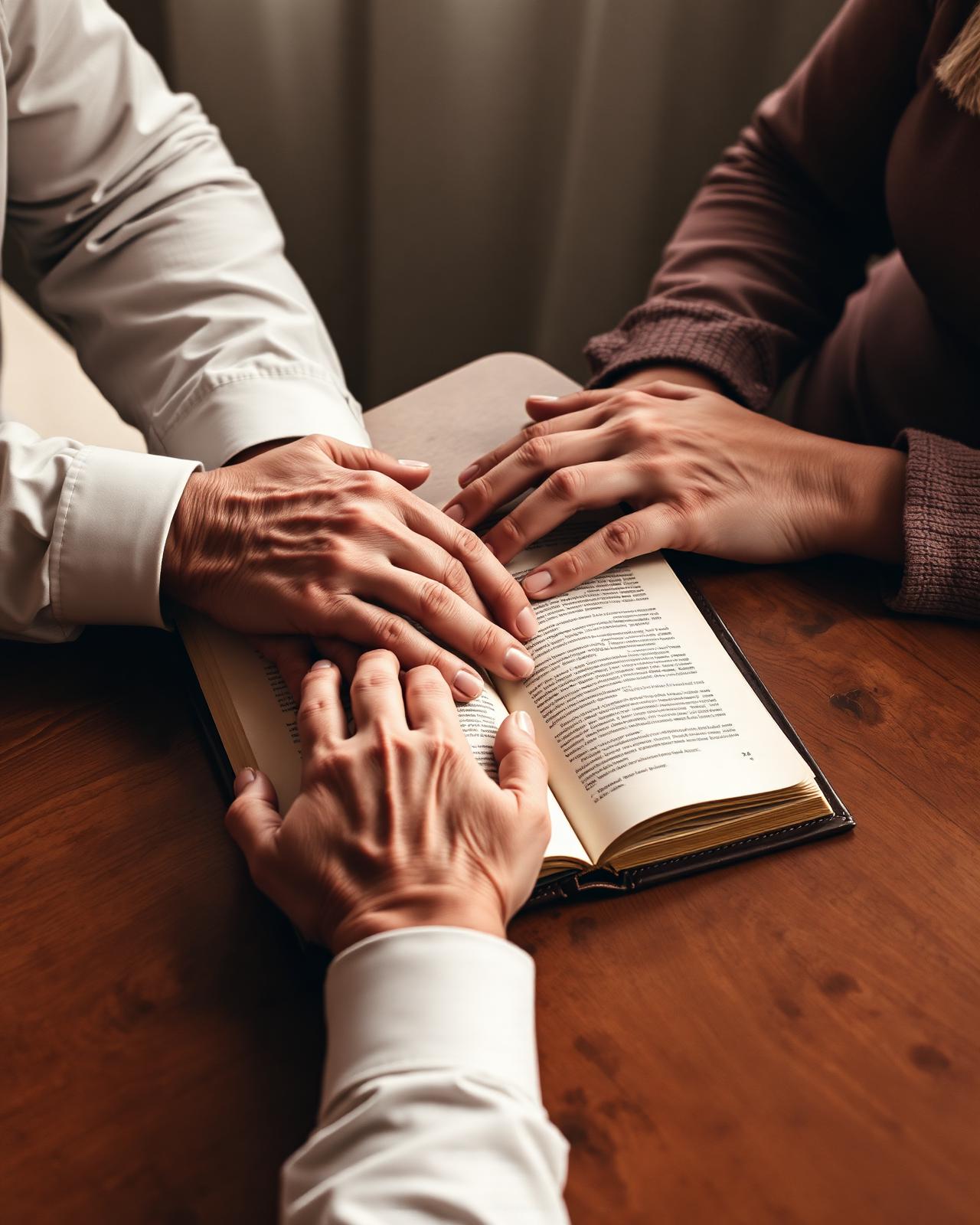 A mature couple's hands resting together over an open document