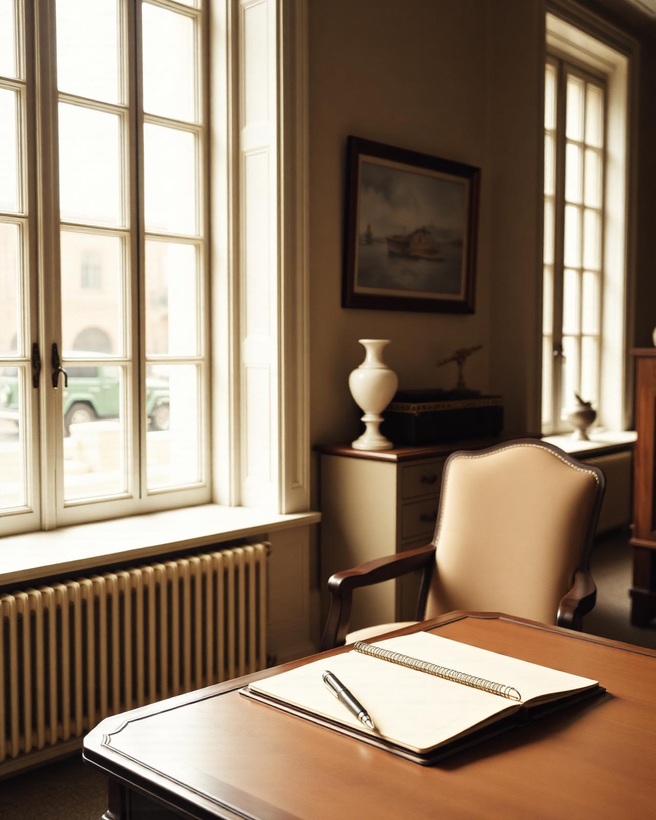 A quiet writing desk with leather portfolio in soft natural light