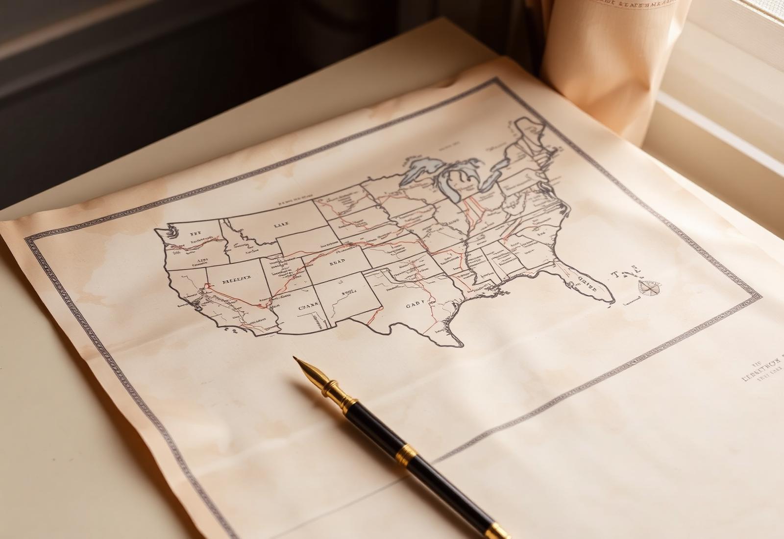 A vintage map of the United States with a fountain pen on a warm cream desk