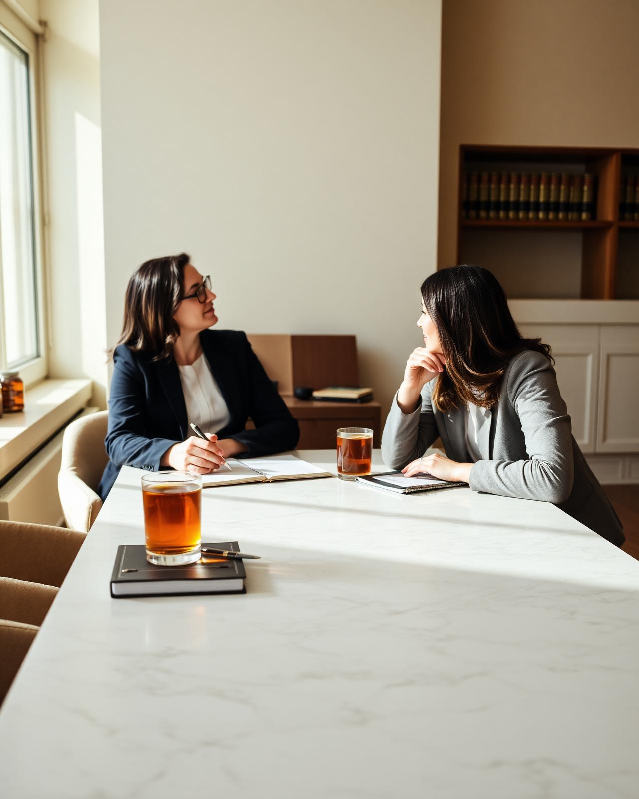 Two professionals in soft conversation across a marble table