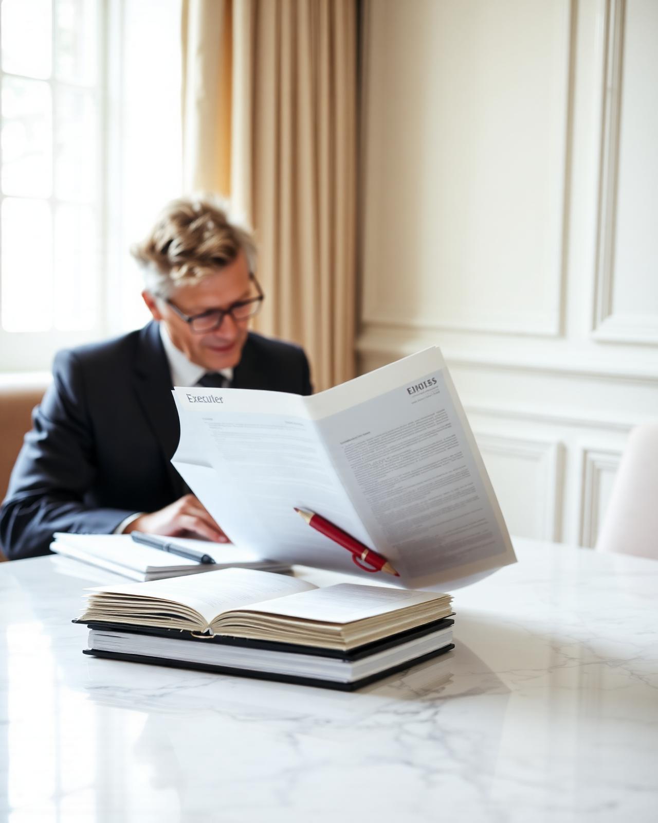 A professional reviewing estate documents at a marble table in soft window light