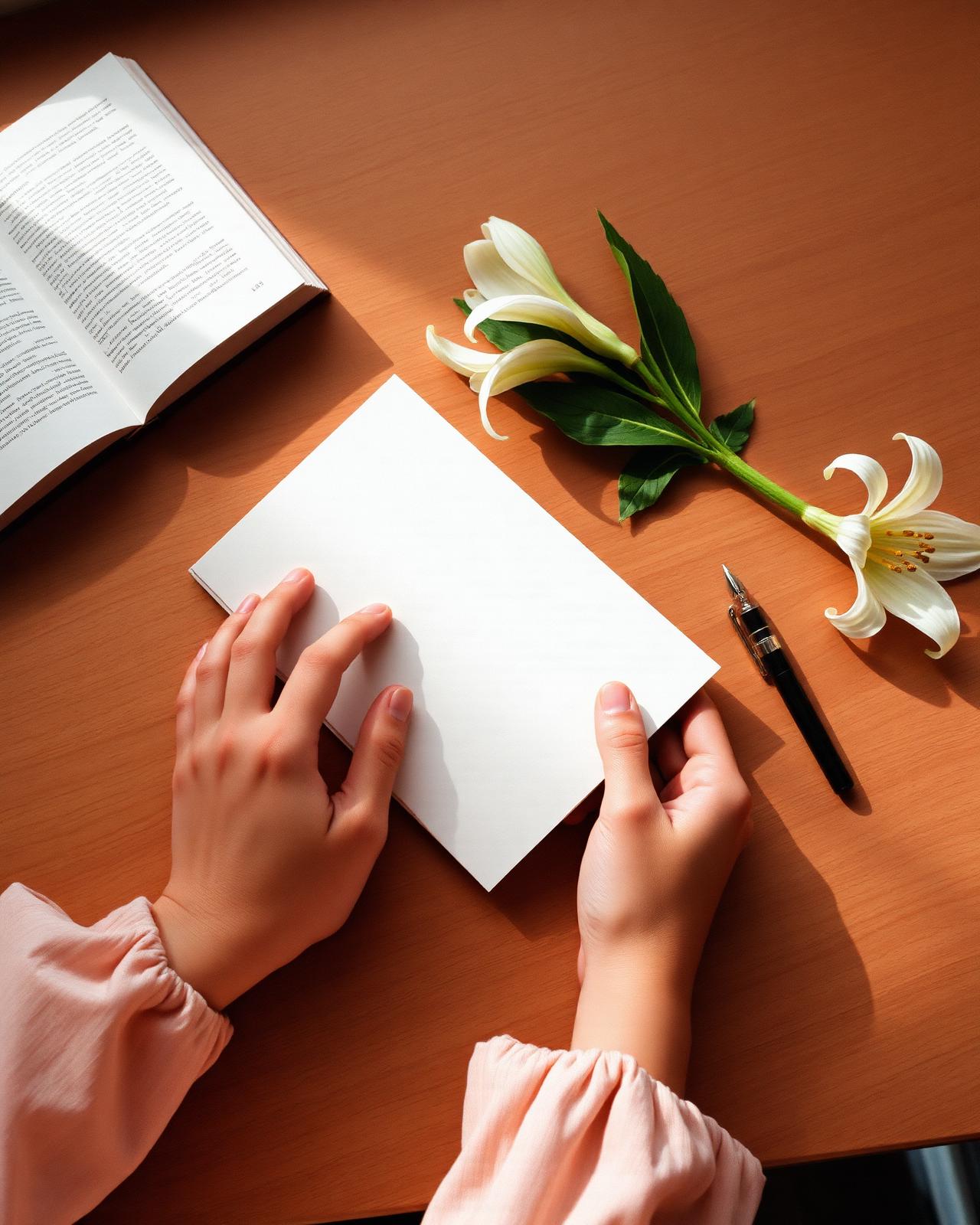 A pair of hands holding a folded letter beside a single white lily