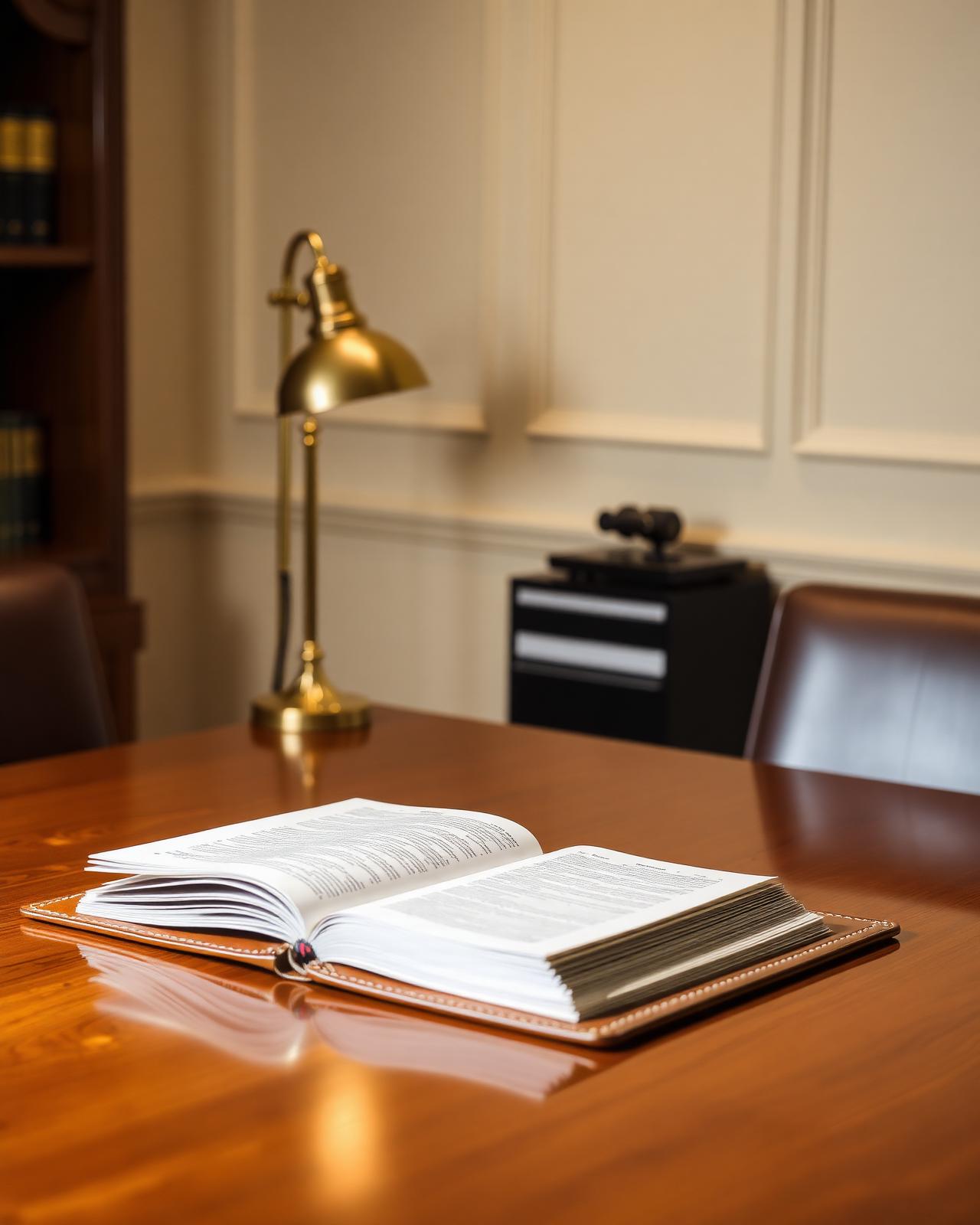 A leather-bound legal volume open on a polished conference table