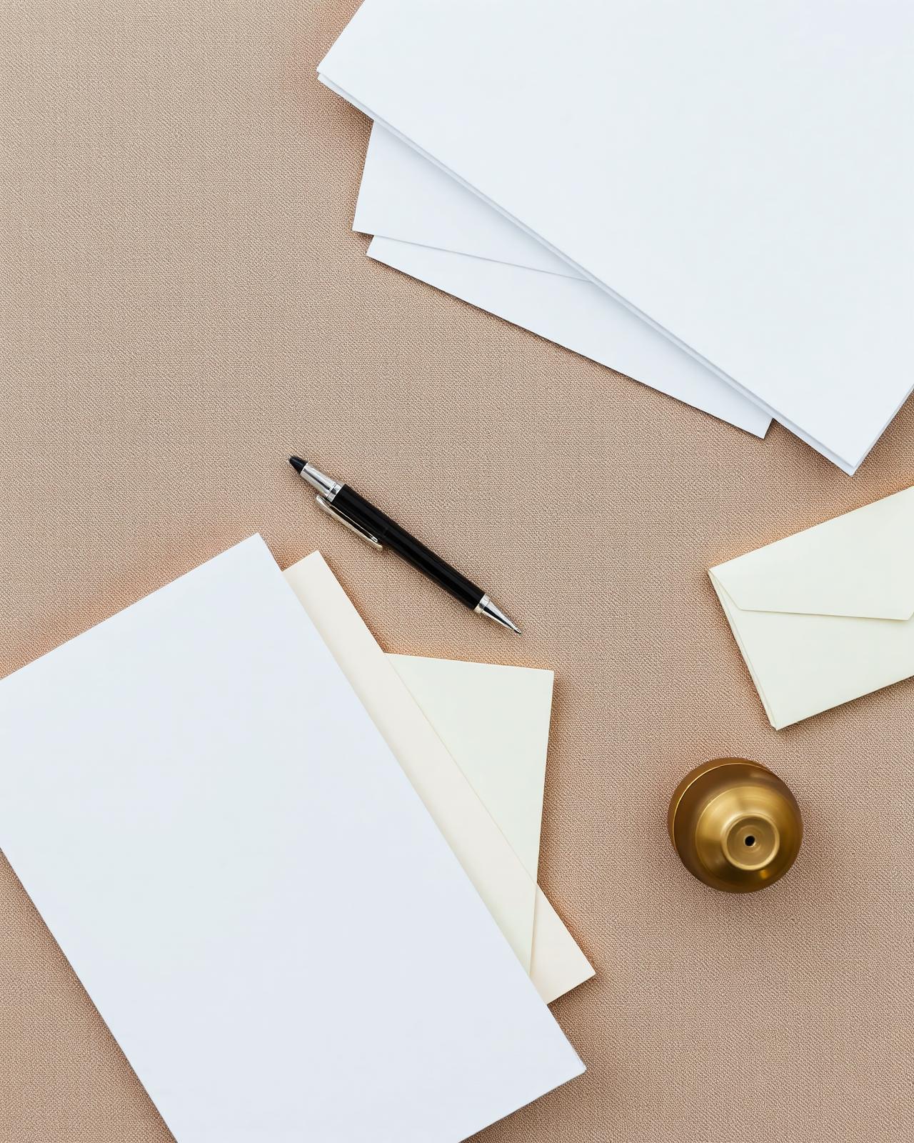 A flat lay of legal folders, envelopes, and a fountain pen on warm linen